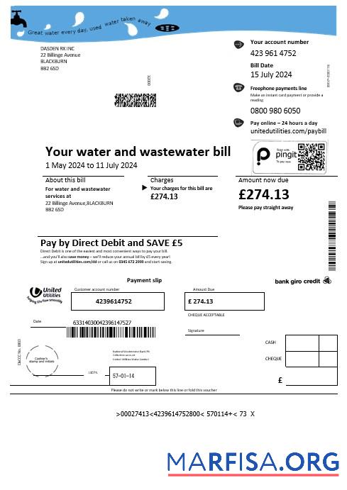 Realistic United Kingdom United Utilities water business utility bill template in Word and PDF formats